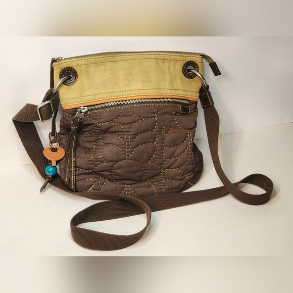FOSSIL Key-Per Brown, Orange, Teal quilted organizer crossbody bag purse A6 - Picture 1 of 12